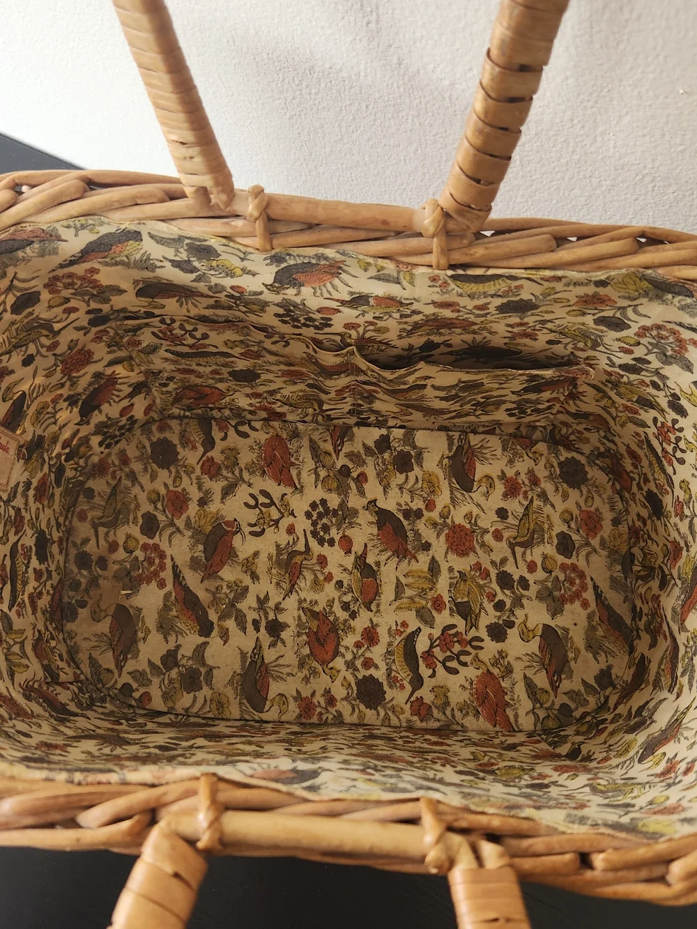 Vintage Handmade Woven Rattan Basket Tote in Natural Brown with Bird Liner